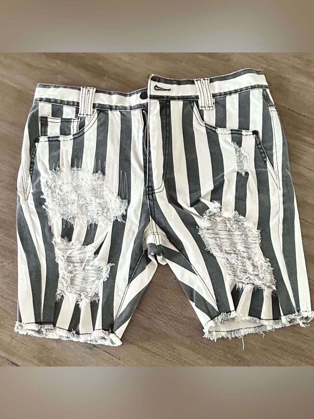 Men's Striped Distressed Denim Shorts - Black & White